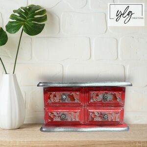 Jewelry Box Pink Silver Hand Painted Floral Bling Leaves a Sparkle Wood Drawers